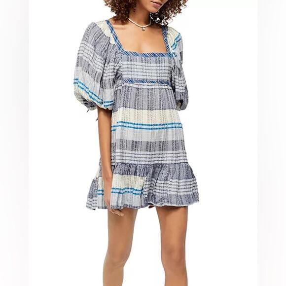 FREE PEOPLE  Cozy Stripe Mini Dress Oversized Babydoll Boho Coastal Peasant sz M - Picture 3 of 14